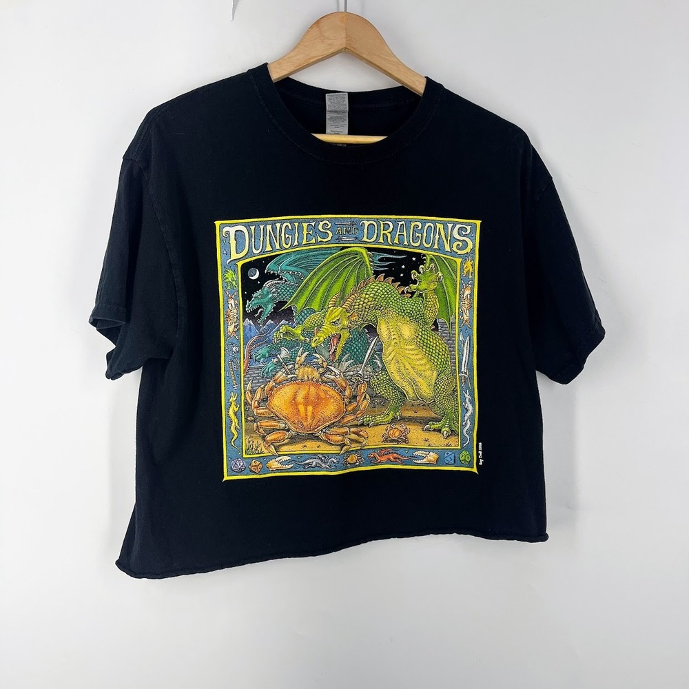 Ray Troll Dungies and Dragons Black Graphic Cropped Tee Shirt Womens Large